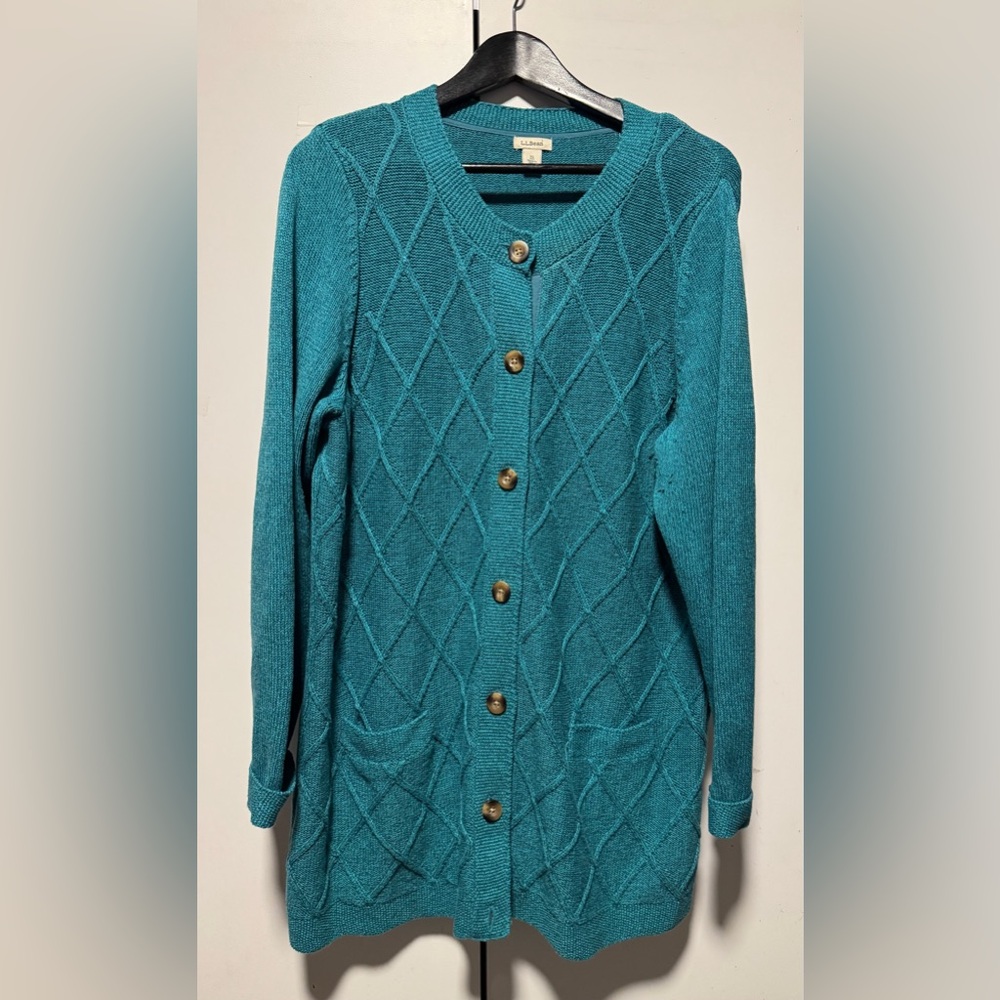L.L. Bean Turquoise Diamond Knit Cardigan